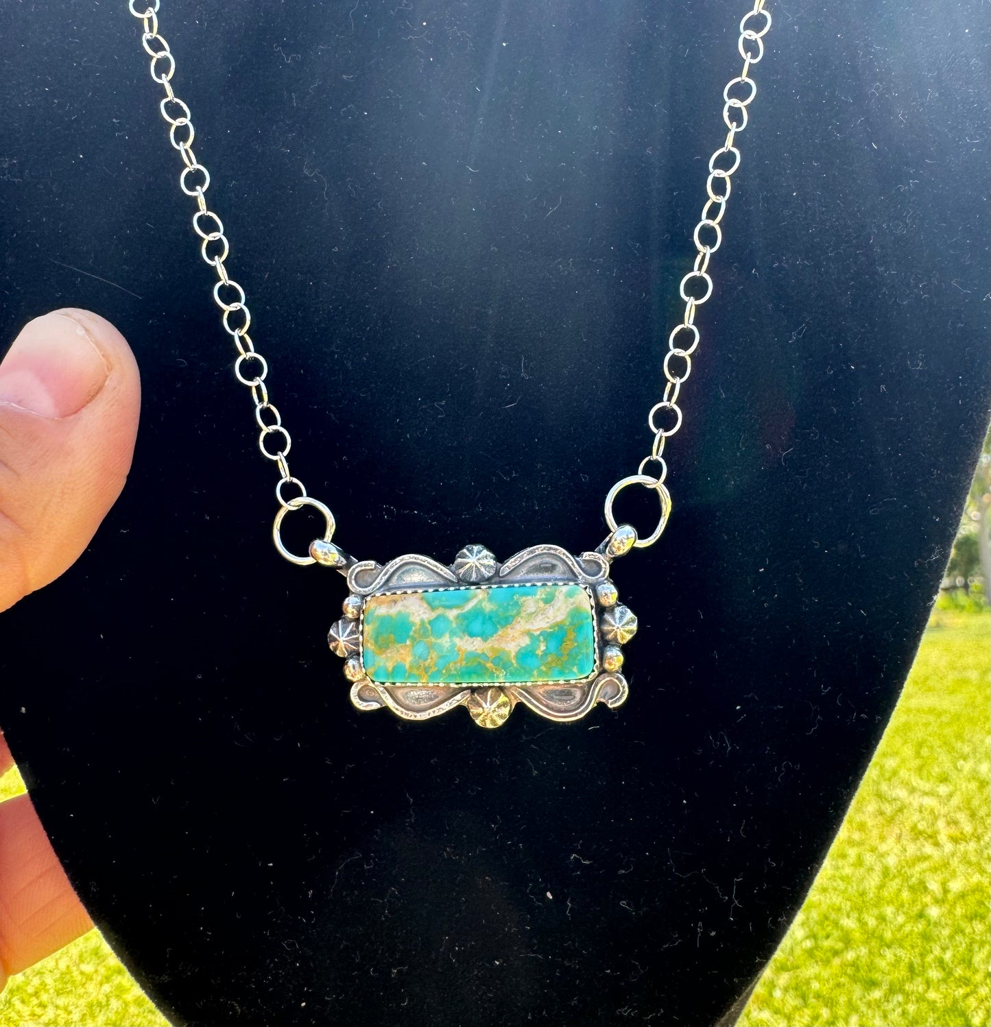 Turquoise Bar Necklace 16" Sterling silver chain