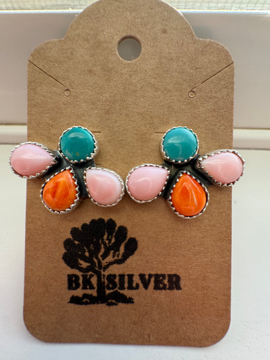 Pink Conch, Spiny Oyster, Kingman Turquoise Stud Earrings