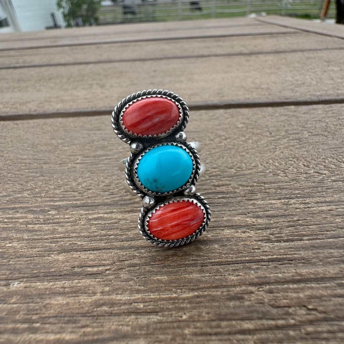 Spiny Oyster and Kingman Turquoise Ring Size 8