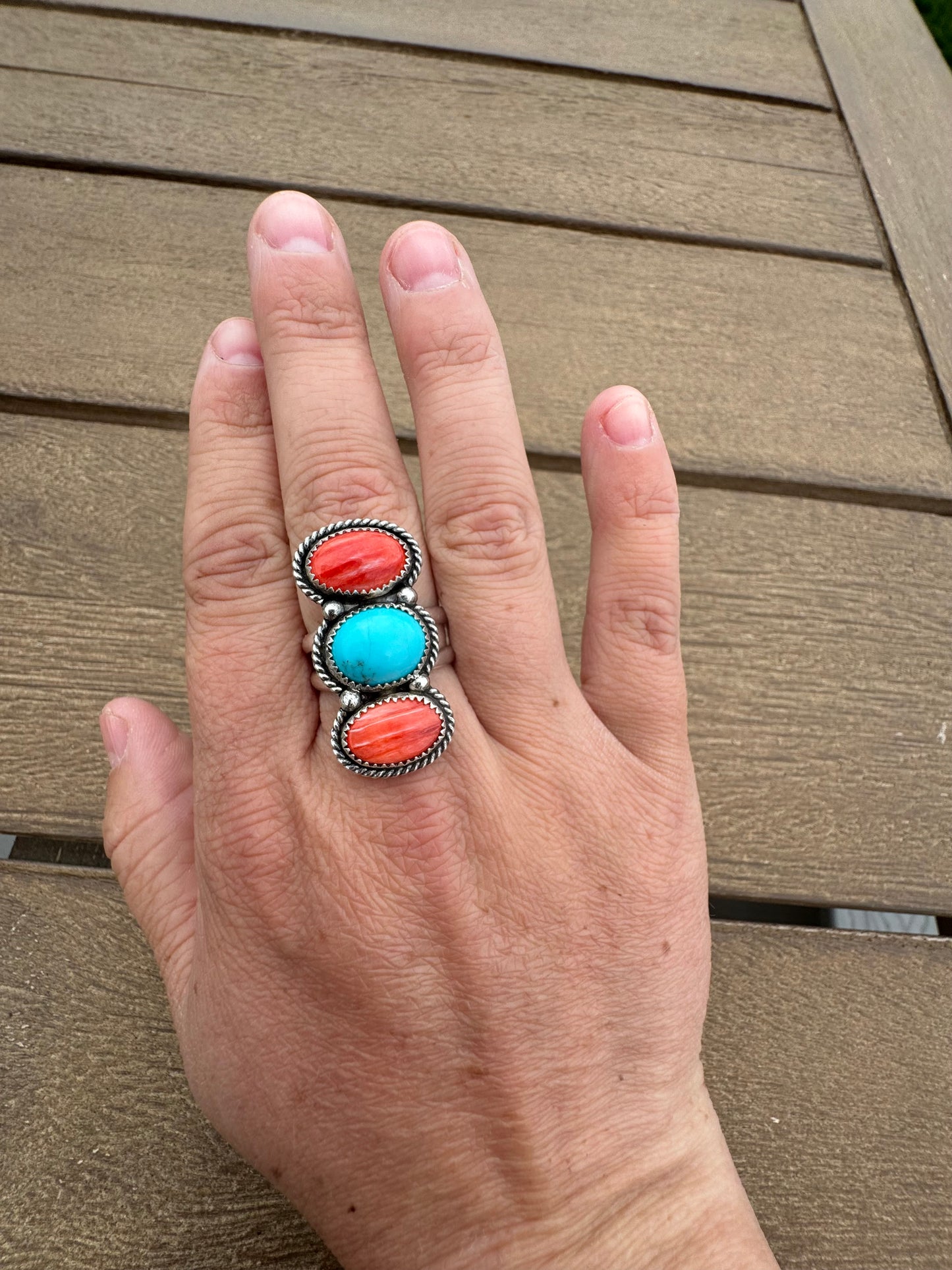 Spiny Oyster and Kingman Turquoise Ring Size 8