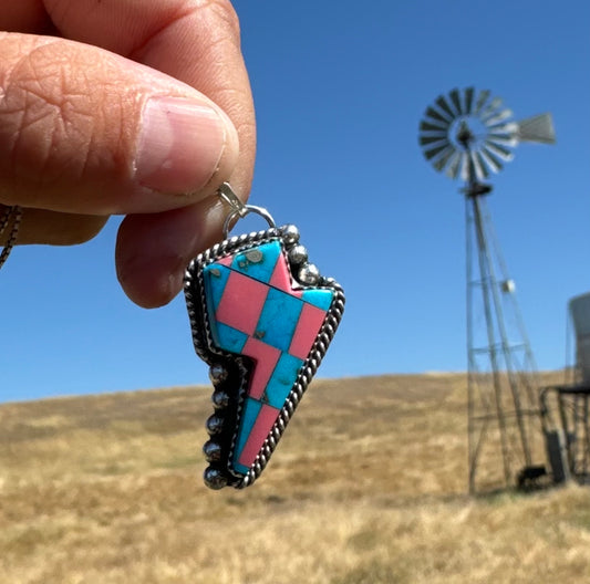 Turquoise and Coral Checkered Lightning Bolt Pendant